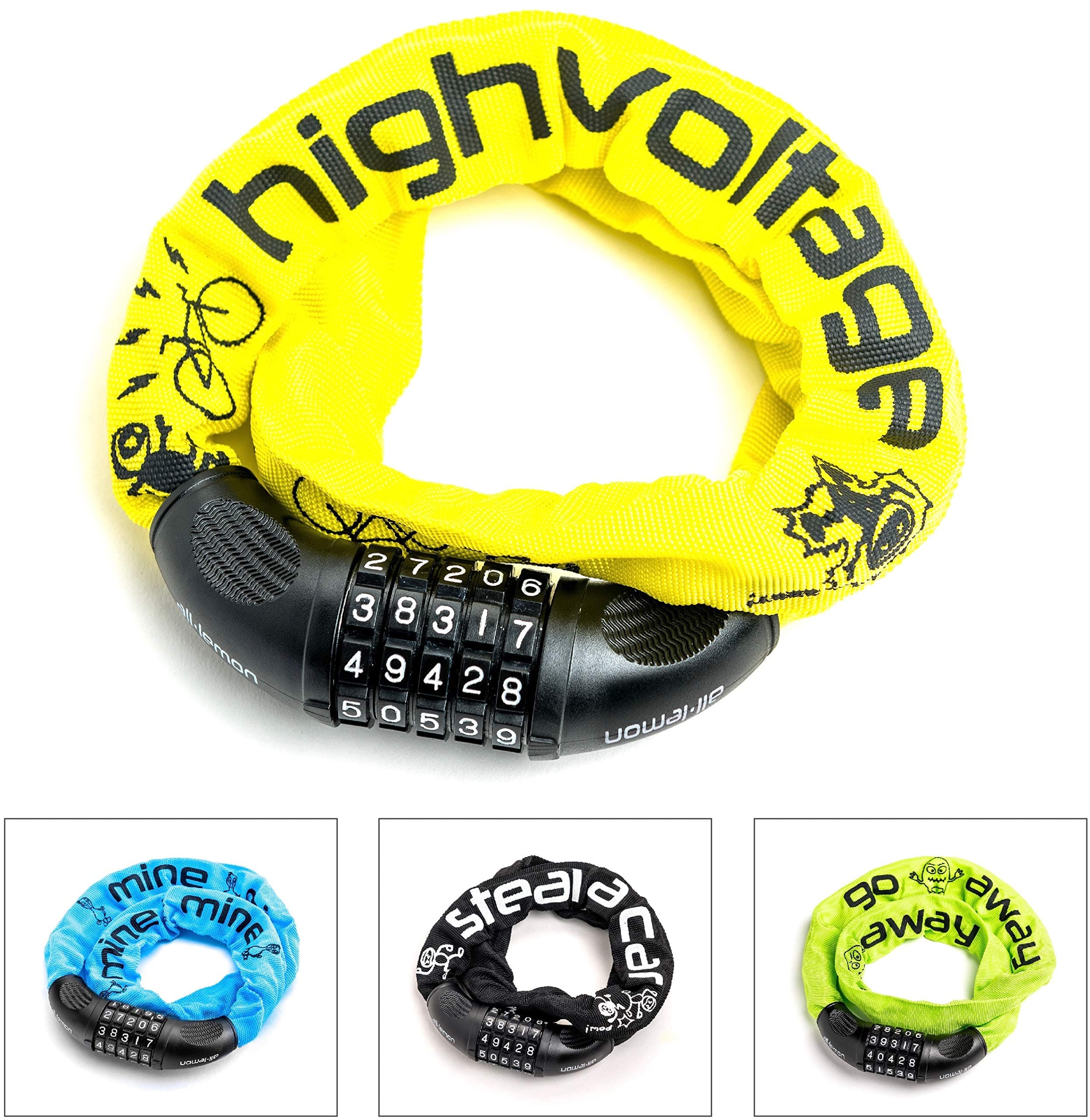 Bike lock, All Lemon Secure Combination Bicycle Chain Lock, 5-digits code, 90 cm long, 735g | Available In Black, Green, Yellow | For Adults & Kids