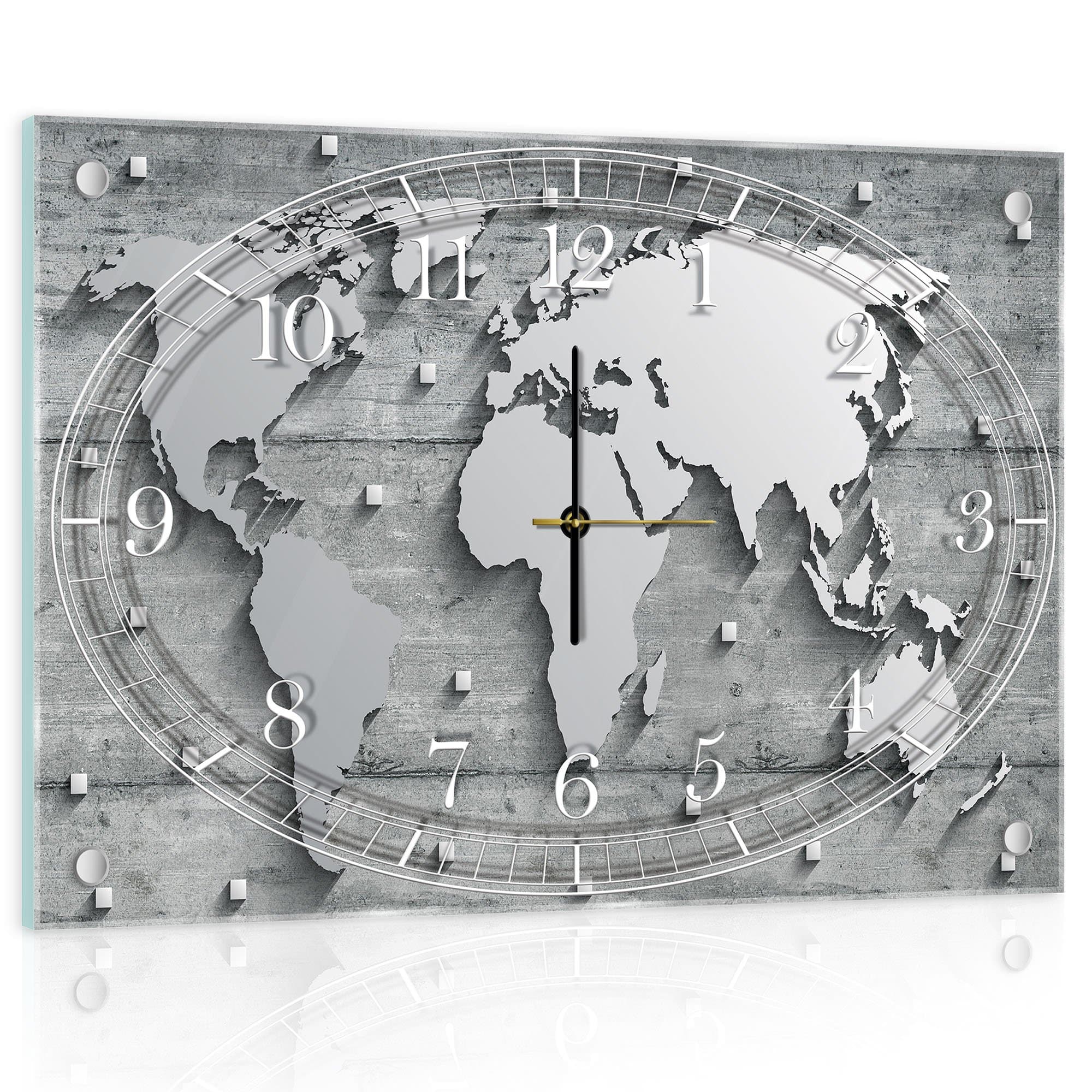 Delester Design Wall Clock - World Map on Metal Base, Glass, 60 x 40 x 4 cm, Multi-Coloured