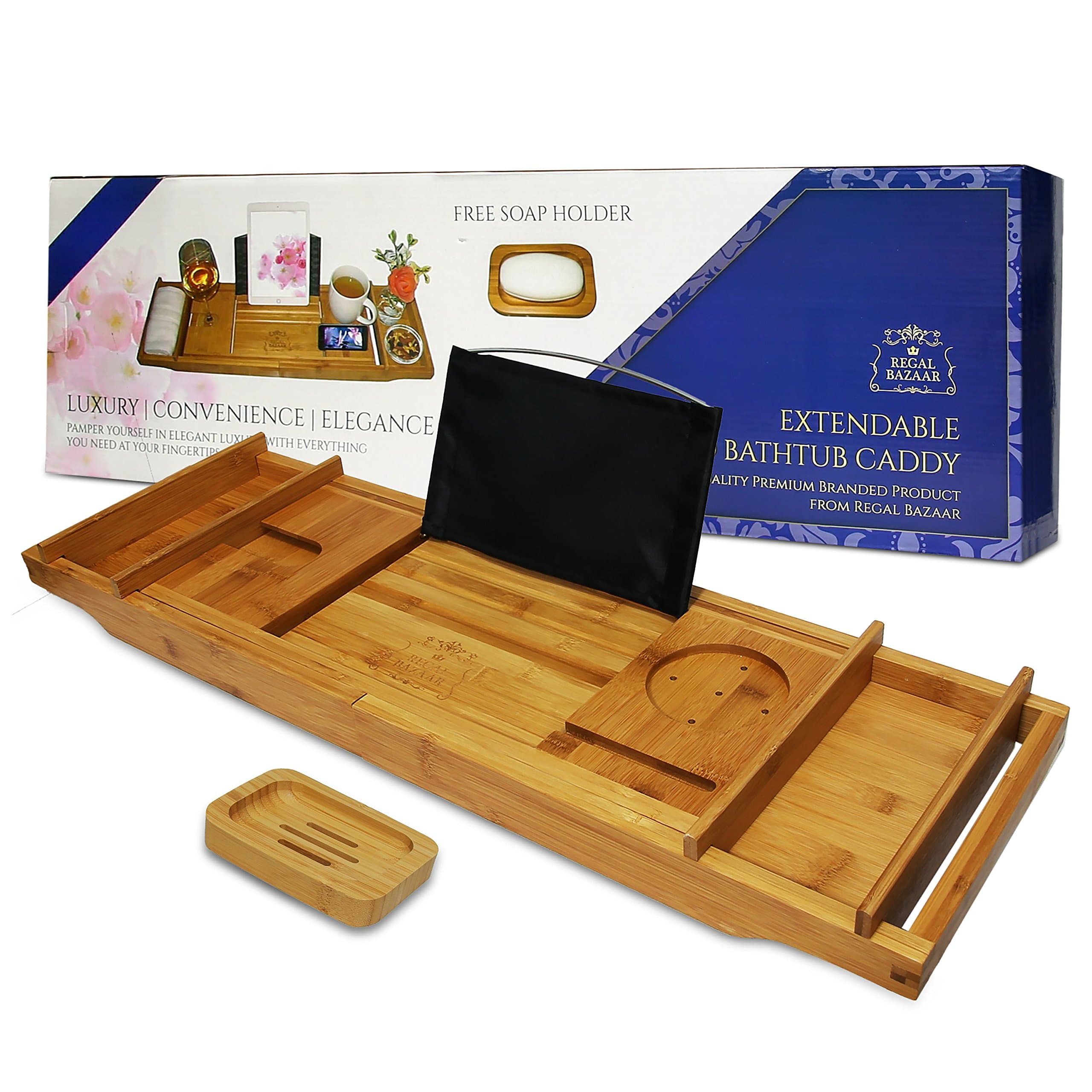Regal Bazaar Bamboo Bath Tub Caddy Tray - Extending Sides, 2 Removable Spa Trays, Book Holding Stand, Cellphone Slot, Wine Glass and Cup Holders, and Non Slip Base - Free Soap Dish
