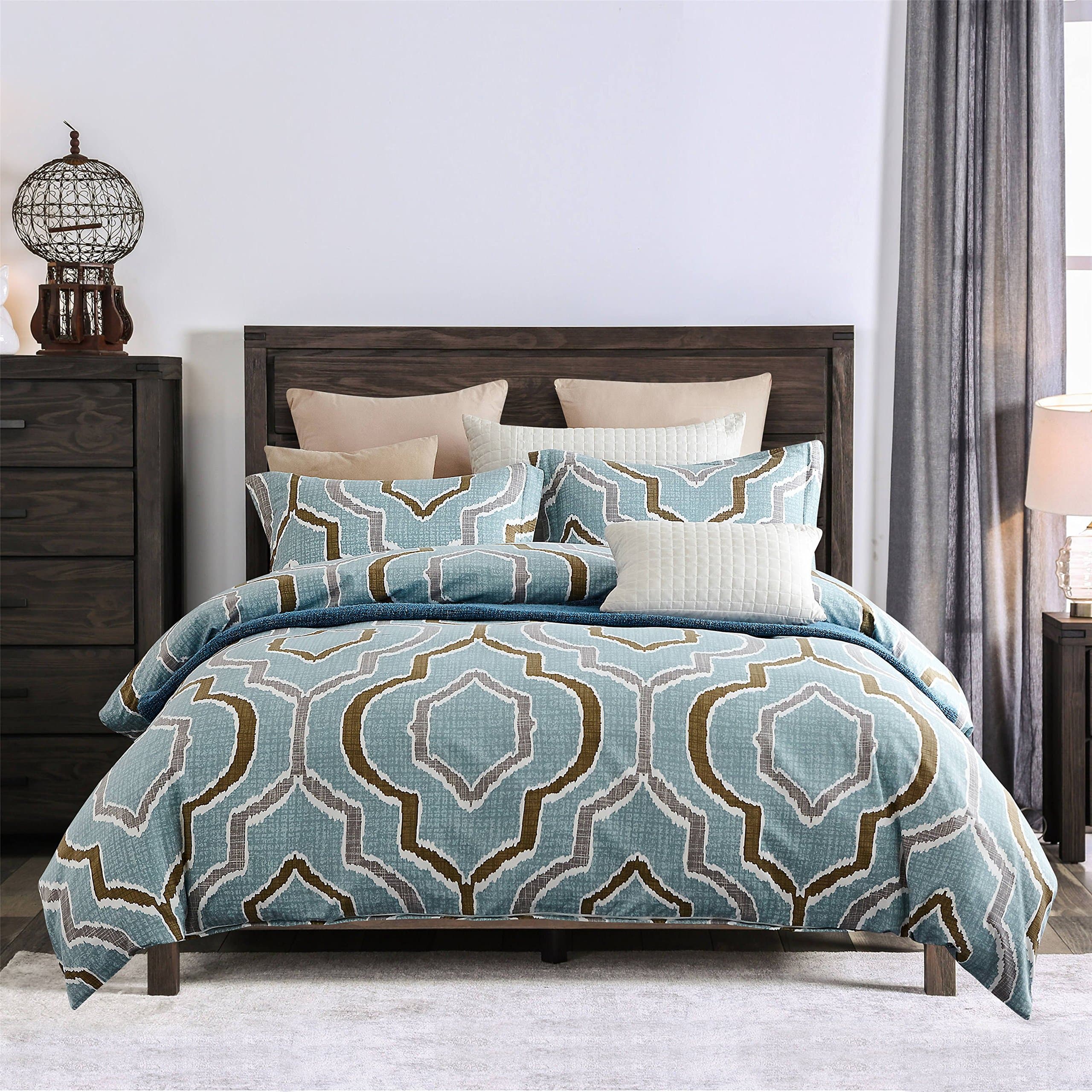 King Geometric Pattern Duvet Cover Set, Chic Blue Print Bedding Sets, 3 Pieces(1 Duvet Cover+2 Pillow Shams),1500 Threat Count, Hypoallergenic Microfiber, With 4 Corner Ties, Zipper Closure