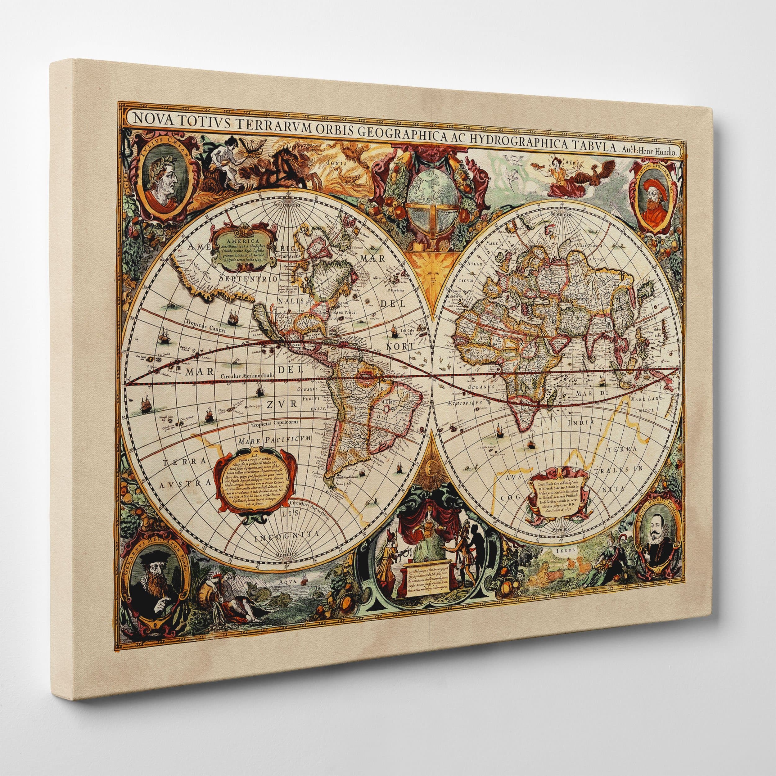 Picture on canvas - framed - Ancient Map 1646 World - World Map - Geographical Map - 70x100 cm - Thickness 2 cm
