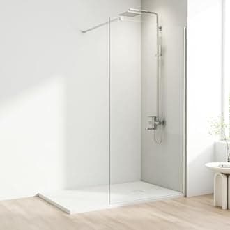 Shower Screen, 700 x 1900mm Chrome Finish Frameless Shower Screen with Support Bar – Reversible Left and Right. 8mm Easy to Clean Toughened Glass