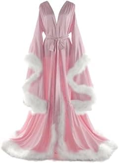 Women's Feather Bridal Robes Old Hollywood Maternity Photoshoot Nightgown Silk Bathrobe Long Lingerie