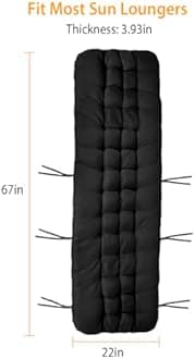 KOCASO Outdoor Lounge Chair Cushions - 67x22x4in Lounger Cushions for Indoor Outdoor Furniture，Comfortable & Breathable - Ideal for Chaise Recliner Sofa Mat Deck Chair Cushion，Black