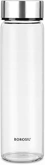 Borosil 550ml Neo Water Bottle | Borosilicate Glass Wide Mouth Bottle for Fridge | Extreme Temperature Resistant For Hot & Cold Water, Milk, Lassi, Juice | Transparent (Silver, 550, Milliliters)