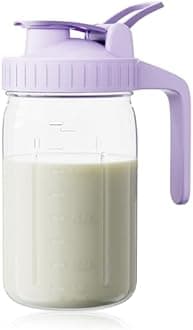 Breast Milk Pitcher, Mason Jar 32 oz, Heavy Duty Wide Mouth Jar with Purple Flip Cap Lid and Pour Spout, Formula Pitcher Airtight Seal for Freshness and Convenience, Great for Cold Beverages