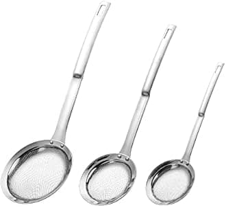 Sieve Fine Mesh Strainer Set Stainless Steel Metal Flat Cooking Skimmer Ladle Colander With Handle Food Strainer Kitchen Tools For Kitchen Baking Oil Filter Flour Sifter Foam,L M Small 3Pack