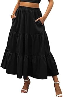 ANRABESS Women’s Summer Boho Elastic Waist Pleated A-Line Flowy Swing Tiered Long Beach Skirt Dress with Pockets