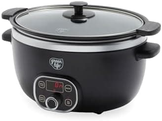 GreenLife 6 Quart Ceramic Slow Cooker, PFAS-Free, Programmable, Removable Healthy Nonstick Pot for large families, Sear on Stovetop, Keep Warm, Digital Timer, Dishwasher Safe Glass Lid & Crock, Black