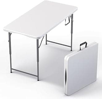 4 Feet Foldable Table Adjustable Height with Built in Handle, Steel Legs | Heavy Duty Portable | Perfect for Party, Dining, Wedding, Events, Picnic Indoor, Outdoor, Camping, Utility, Temporary