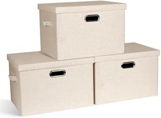 Large 17" 36 Quart Collapsible Stackable Storage Bins with Lids, 3 Packs Light Orange Linen Fabric Closet Boxes with Lids, Storage Cube Baskets Container Organizers for Office (17x12x11)