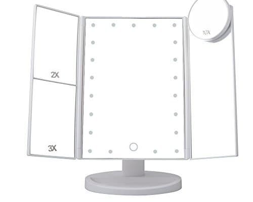2018 Ressan White Tri-Fold Lighted Vanity Makeup Mirror with LED Lights, Touch Screen, 3X/2X/1X Magnification Mirror AND NOW WITH NEW 10x MIRROR, Dual-power Supply Mode, Travel make up mirror,