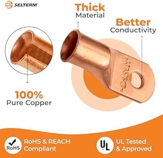 SELTERM 3/0 AWG - 5/16" (M8) ⌀ Hole UL Heavy Duty Wire Lugs, Battery Cable Ends, Bare Copper Eyelets, Tubular Ring Terminal Connectors [B85] - 25 Pack