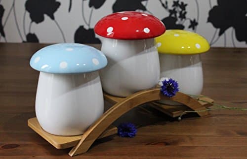 Set of 3 Kitchen Ceramic Storage Jars Multi Colour Lids with an airtight Rubber Seal On a Bamboo Tray G1 Mushroom Style