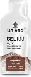 Unived Gel 100 - Vegan Energy Gel for Endurance Athletes Runners & Cyclists - 100kcal - Cocoa Choco - 50mg Caffeine - Pack of 6