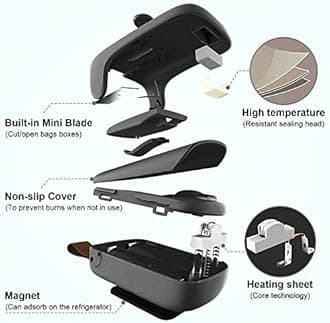 Mini Bag Sealer, Kenossion Chip Bag Sealer - Bag Sealer Heat Seal with Cutter & Magnet, Portable Mini Sealing Machine to Reseal Plastic Bags & Keep Snacks Fresh-Black (2xAA Batteries Included)