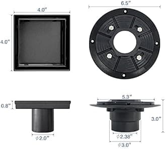 Neodrain 4-Inch Square Shower Drain with Removable Tile Insert Grate, 304 Stainless Steel, Includes Shower Drain Base Hair Strainer, Shiny Black