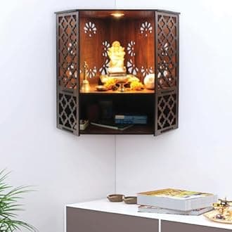 Amazon Brand - Solimo Beautiful Wooden Puja Stand/Shelf for Home Puja Mandir for Home Temple for Home and Office Puja Mandir for Living Room Wall Mounted with LED ((12.5" x 12.5" x 16") (SPJS-016))