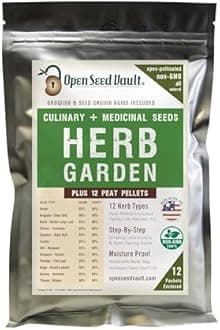 100% NON-GMO Heirloom Culinary and Medicial Herb Kit - 12 popular Easy-to-Grow Herb Seeds by Open Seed Vault - includes 12 seed starting peat pellets!