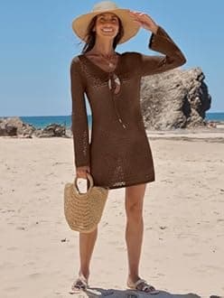 ANRABESS Swimsuit Cover Up for Women Crochet Bathing Suit 2026 Summer Swimwear V Neck Mesh Knit Dress Beach Vacation Clothes