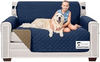 Sofa Shield Loveseat Slip Cover with Patented Strap, Cushion Protector, US Designed Reversible Stain and Dog Tear Resistant Slipcover, 54 inch Seat, Washable Covers for Dogs Pets, Navy Sand