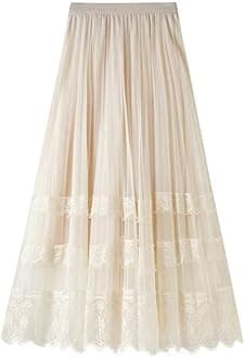 Sigdio Women Midi Skirt Elastic High Waist Lace Tulle Skirt Pleated Skirt