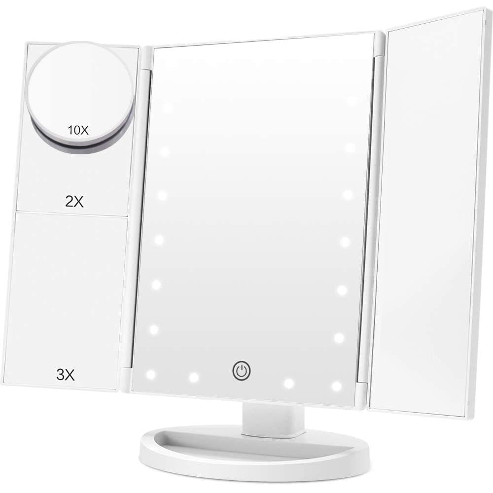 JARAGAR Makeup Mirror with Light, Trifold Vanity Mirror 1x/2x/3x/10x Magnifying Mirror with LED Lights Touch Screen 180 Degree Adjustable Rotation Dual Power Supply Mode