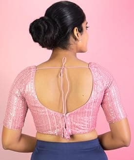 FIGURE'S DESIGNER Women's Sequin V Neck Elbow Half Sleeve Readymade Saree Blouse E1