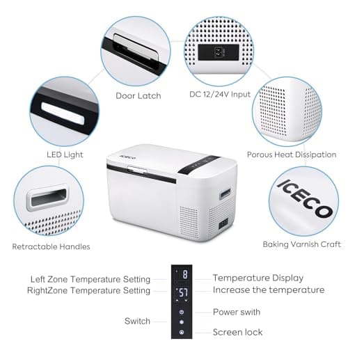 ICECO GO20 12 Volt Refrigerator with Bluetooth Controlled, 21 Quart Dual Zone Portable Refrigerator, Car fridge Powered by SECOP, 0℉～50℉, 12V-24V DC, 110V-240V AC, For Travel, Car Use, With Cover