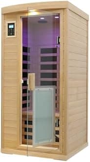 LTCCDSS 1 Person Ultra Low EMF (0-1mG) Infrared Sauna, 1460W with 8 Heaters, 2*Reading Lamps, Outdoor Lamps, Bluetooth Speakers and 3 Chromotherapy Lamps Hemlock Indoor Sauna