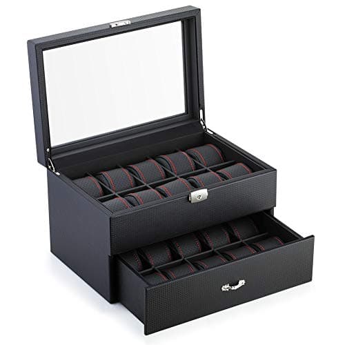 RR ROUND RICH DESIGN Watch Box Organizer Storage Removable Pillow - 20 Slot High Definition Glass Luxury Display Case with Large Holder and Metal Buckle Lock - Black