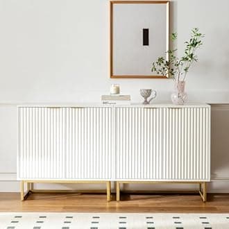 Fluted Storage Cabinet Sideboard Buffet Cabinet, Modern Accent Cabinets with Adjustable Shelves, Wooden Credenza, Console Table Entryway Cabinets for Living Dining Room, White
