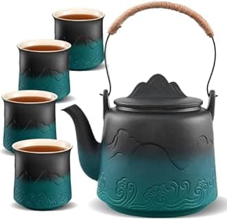 ZENS Vintage Japanese Tea Set, Gradient Embossed Ceramic Japanese Teapot with 4 Teacups, Hemp Rope Handle 33.8 oz Loose Leaf Teapot with Built-in Strainer for Tea Steeper Gifts, Black & Green