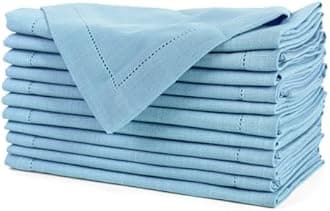 FINGERCRAFT Hemstitched Cotton Table Napkins – Set of 12, 20x20 Inch, 100% Cotton Cloth Napkins with Faggoting Stitching – Durable & Elegant for Parties, Hotels, Everyday Use (Powder Blue Slub)