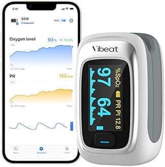 Vibeat Bluetooth Pulse Oximeter with Pulse Rate, Blood Oxygen Saturation Monitor, S5W O2 Meter, Batteries and Lanyard Included, Free App