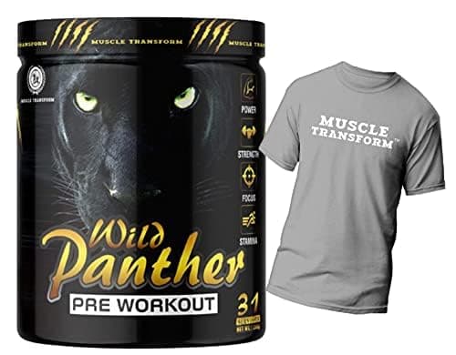 MUSCLE TRANSFORM Wild Panther Hardcore Pre-Workout Supplement with Creatine Monohydrate, Arginine AAKG, Beta-Alanine, Powerful, Explosive & Intense Muscle Pump | Lean Muscles Building | Strength | Mental Focus | Energy | Next Generation Preworkout Formulation Caffeinated - For Men & Women [31 Servings - Watermelon] Free Gym T-Shirt