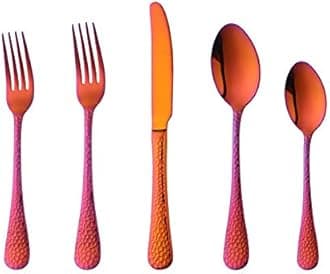Silverware Set, 5 Piece Premium Stainless Steel Hammered Kitchen Utensil Flatware Cutlery Sets of 1, Mirror Polish, Dishwasher Safe (5-Magic Red)