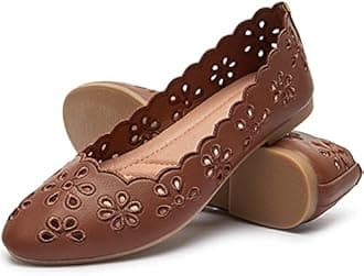 FRACORA Women's Ballet Flats Black PU Leather Dress Shoes Comfortable Round Toe Slip on Flats with Breathable Eyelets