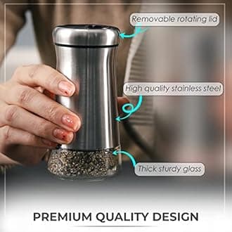 Pepper Shaker or Salt Shaker with Adjustable Pour Holes - Elegant Stainless Steel Spice Dispenser - Perfect for Himalayan, Table Salt, White and Black Pepper (Pepper Shaker)