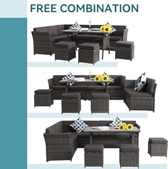 7 Pieces Patio Dining Sets, Patio Furniture Set, All Weather Wicker Conversation Set with Ottoman, Sectional Sofa with Dining Table and Chair (17Gray)