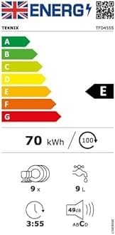 Teknix TFD455S Slimline Freestanding Dishwasher - 9 Place Settings - 30 Minute Rapid Clean - Extra Dry Function - Silver, H84.5 x W45.0 x D60.0 (cm)