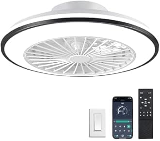 Smart Kids Ceiling Fans with Lights and Remote, Low Profile Ceiling Fan with Lights, Flush Mount Bladeless LED Fan Light Modern Black Ceiling Fan with Light for Bedroom