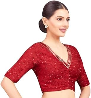 Studio Shringaar Women's Readymade Polyester Elbow Length Sleeves Saree Blouse with Mirror Work