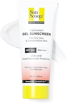 SunScoop Ceramides & Rice Water Gel Sunscreen | SPF 50+ PA++++ | For Oily & Combination Skin | Oil-Free Finish | Sweat-Free | Lightweight Formula | Protects Skin Barrier | No White Cast, Lightweight, Non Sticky | 45g