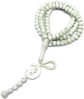 Islam Prayer Tasbih 99 Beads AMN-303 Muslim 8 mm. Rosary Bead Moon Star Decorated Tassels Haj Eid Ramadan Gift (White)