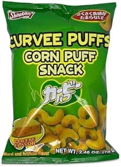 Shirakiku Curvee Corn Puff Snack | Natural and Artificial Flavor, Silicon dioxide, Palm oil, Wheat, Onion || Authentic Japanese Snacks in Cheese Flavor | 2.46 oz Pack of 2