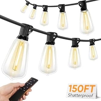Brightever LED Outdoor String Lights, 150FT Dimmable Patio Lights with Remote Control, 45+2 Shatterproof ST38 Edison Bulbs, 3 Lighting Modes, 3H/5H Timer, Outdoor Hanging Light for Holiday, Party