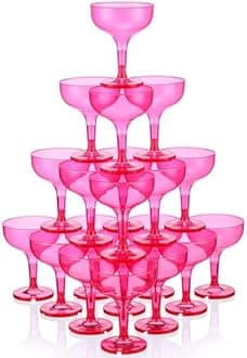 Zopeal 30 Pcs Champagne Coupe Glasses 5 oz Plastic Champagne Tower Disposable Martini Glasses Stackable Stemmed Margarita Coupe for Wedding Birthday Valentine's Day Party Bar(Hot Pink,Translucent)