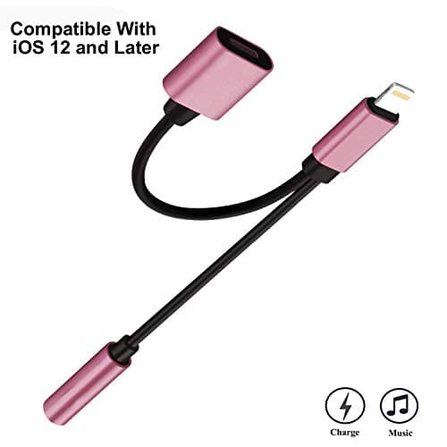 3.5 mm Headphone Jack Adapter Splitter,2 in 1 to 3.5 mm Headset Audio and Charging Connector Aux Cable,(Not Support Phone Calls Control) Compatible with Phone X XS Max XR Phone 7 8 Plus (Rose Gold)