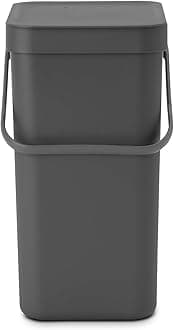 Brabantia Sort & Go Waste Bin 12L (Grey), Space-Efficient Plastic Recycle Container with Handle, Removable and Stay-Open Lid, Easy to Clean Kitchen Bin without Nooks and Rims